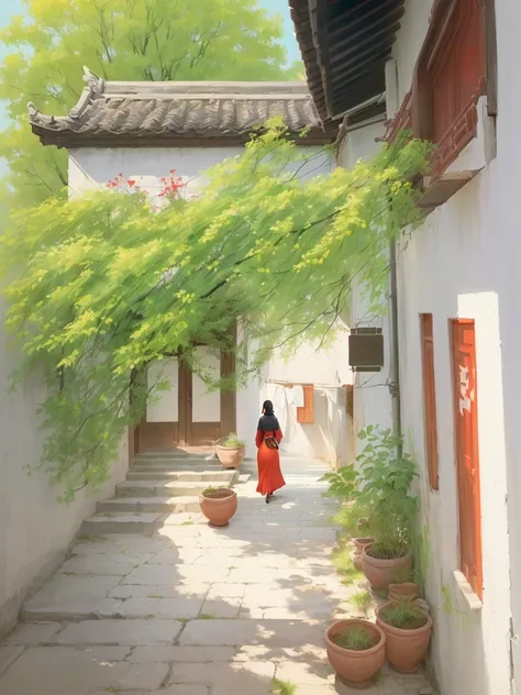 The painting shows a woman in a red dress walking down a narrow alley, author：Ye Xin, Li Song, Yu Zhiding, Inspired by Fenghua Zhong, by Zou Yigui, by Sheng Maoye, by Bian Shoumin, author：Lu Guang, Ding Guanpeng, by Zou Zhe, author：Ma Yuanyu