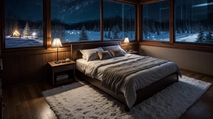 in the cabin bedroom、in warm light、the luxurious bed invites you。the starry sky outside the window spreads、a peaceful night is c...