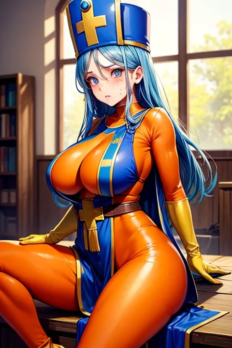 masterpiece, Highest quality,  Unreal Engine,  Super Resolution,  Very detailed, 

Beautiful woman, Dragon Quest Female Monk, long sky blue hair, Blue priest hat, (Orange bodysuit), Mitra, Tabard, Elbow-length gloves, Vivid expression, Healthy Body, Beauti...