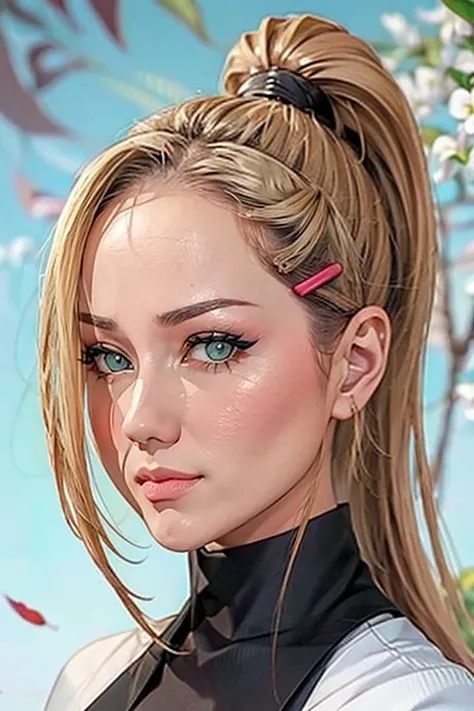 （（（yamanaka_ino，1girl, blonde hair, hair ornament, green eyes, ponytail, hairclip, hair over one eye, ））），((masterpiece)),high resolution, ((Best quality at best))，masterpiece，quality，Best quality，（（（ Exquisite facial features，looking at the audience,There...