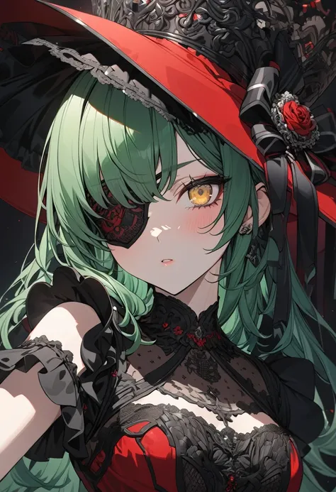 anime, girl, green hair, ear-length hair, yellow eyes, an elegant black eyepatch, ultra detailed, red hat with black, elegant, porcelain doll dress, red and black color, ultra detailed, arrogant expression, 