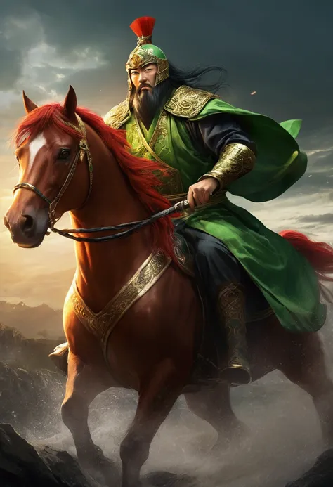 Guan Yu rode a red horse，Wearing a green robe，Wielding the Seki knife，character splash art，Lightning is all around。