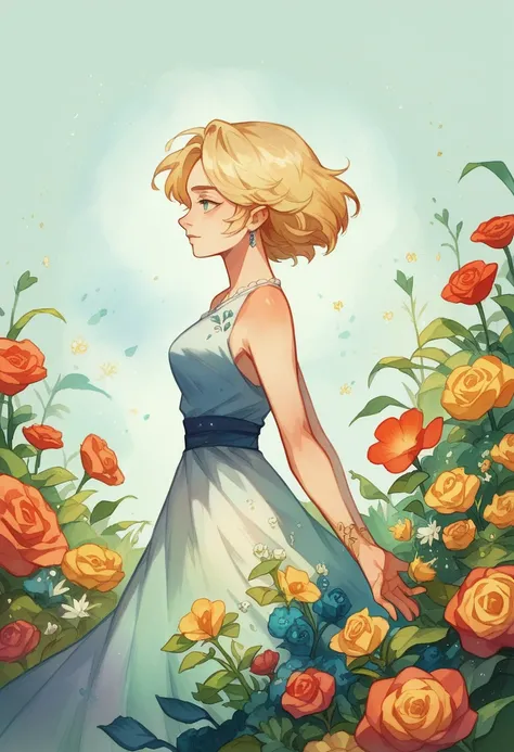 a woman with simple dress, short hair, Blonde, Global Illumination, 一幅逼真的watercolor画, In the flowers, Long flowers, simple background, Subsurface scattering, simple dress, (simple artwork:1.2), simple, (watercolor:1.2)