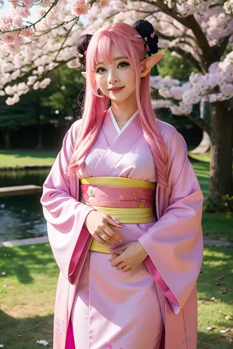 Elf、female、kimono、Pink Hair、short
