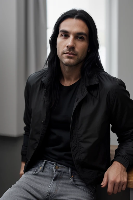 Handsome, thin muscular White man,  goth long black hair, male in his 30s, unshaved stubble, gray eyes, deep eyes, wearing a black jacket, a t-shirt, and jeans