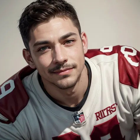 handsome man, stark, with light skin, with a brown mustache, Grinning, with green eyes, with brown hair with a side fade, with the red number 13 clothing of American football players from the 49ers team, holding an American football, with a white wall back...