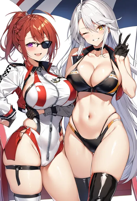 Baltimore (Azur Lane), Enterprise (Azur Lane), Prinz Eugen (Azur Lane), long hair, breasts, staring at viewer, blushing, smiling, short hair, open mouth, bangs, multiple girls, large breasts, brown hair, knee-high socks, gloves, hat, navel, cleavage, hair ...