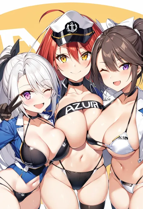 Baltimore (Azur Lane), Enterprise (Azur Lane), Prinz Eugen (Azur Lane), long hair, breasts, staring at viewer, blushing, smiling, short hair, open mouth, bangs, multiple girls, large breasts, brown hair, knee-high socks, gloves, hat, navel, cleavage, hair ...