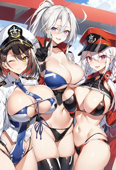 Baltimore (Azur Lane), Enterprise (Azur Lane), Prinz Eugen (Azur Lane), long hair, breasts, staring at viewer, blushing, smiling, short hair, open mouth, bangs, multiple girls, large breasts, brown hair, knee-high socks, gloves, hat, navel, cleavage, hair ...