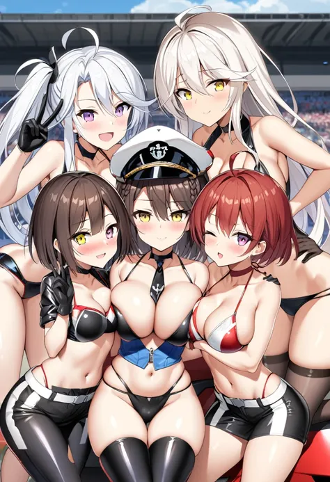 Baltimore (Azur Lane), Enterprise (Azur Lane), Prinz Eugen (Azur Lane), long hair, breasts, staring at viewer, blushing, smiling, short hair, open mouth, bangs, multiple girls, large breasts, brown hair, knee-high socks, gloves, hat, navel, cleavage, hair ...