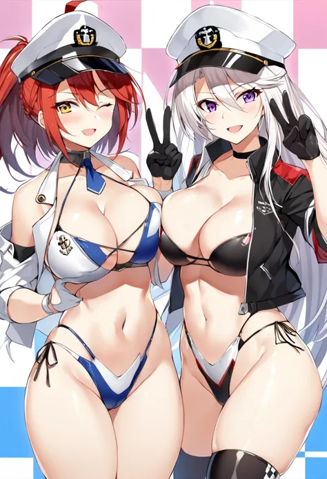 Baltimore (Azur Lane), Enterprise (Azur Lane), Prinz Eugen (Azur Lane), long hair, breasts, staring at viewer, blushing, smiling, short hair, open mouth, bangs, multiple girls, large breasts, brown hair, knee-high socks, gloves, hat, navel, cleavage, hair ...