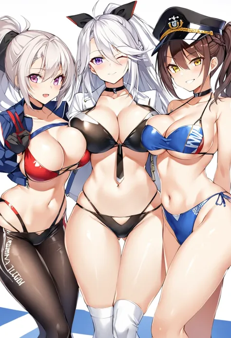 Baltimore (Azur Lane), Enterprise (Azur Lane), Prinz Eugen (Azur Lane), long hair, breasts, staring at viewer, blushing, smiling, short hair, open mouth, bangs, multiple girls, large breasts, brown hair, knee-high socks, gloves, hat, navel, cleavage, hair ...