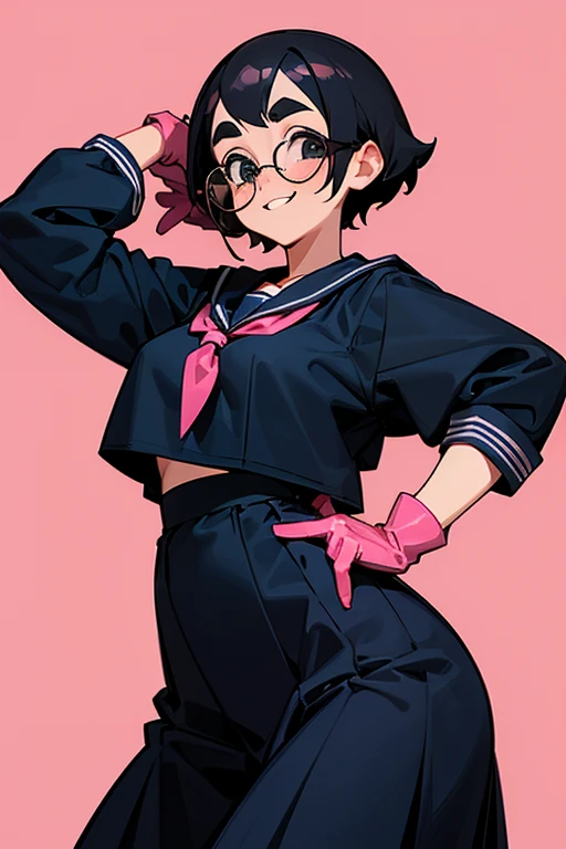 A freckled girl with glasses and black hair in a navy blue long-sleeved sailor uniform smiling while wearing large pink rubber gloves in the school bathroom　Thick eyebrows　Long Skirt