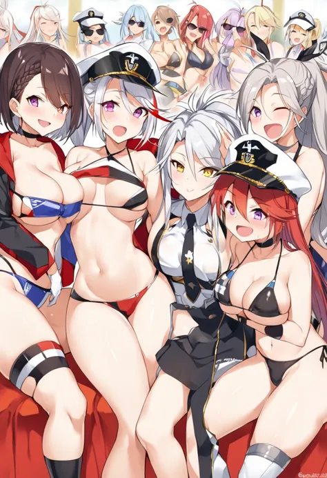 Baltimore（Azur Lane）、Enterprise（Azur Lane）、Prinz Eugen（Azur Lane）、Long Hair、chest、Staring at the audience、blush、smile、short hair、Open your mouth、bangultiple Girls、大きなchest、Brown Hair、Knee socks、gloves、hat、belly button、chestの谷間、Hair between the eyes、Shoulde...