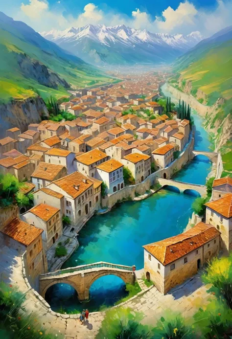 Landscape, top view vista, surrounded by mountains, a huge wall on the mouth of the valley, very large European style ancient city, densely packed with houses, people coming and going in the streets, best quality, a very pitiful and beautiful picture, a ma...