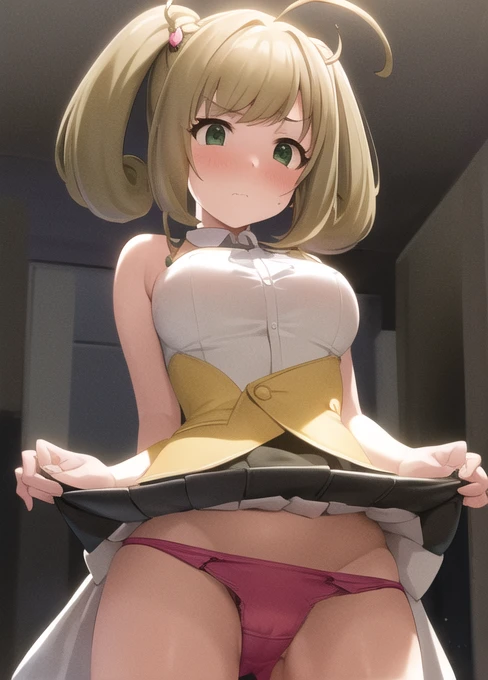 masterpiece, Highest quality, Very detailed, figure, One girl, alone, View your viewers, Makoto Sato, Blonde, Ahoge, Green Eyes, Short Twin Tails,  Big Breasts、Embarrassed, blush, ((whole body))、(Are standing), ((Shooting from below)), (straddle), pussy fo...