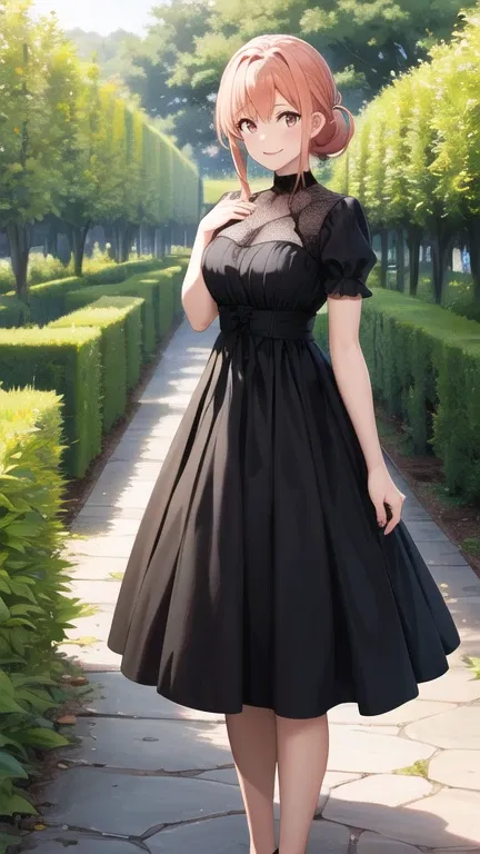 masterpiece, best quality, highres, gahamama, single hair bun, breasts, gothic, black dress, garden, standing, smile,