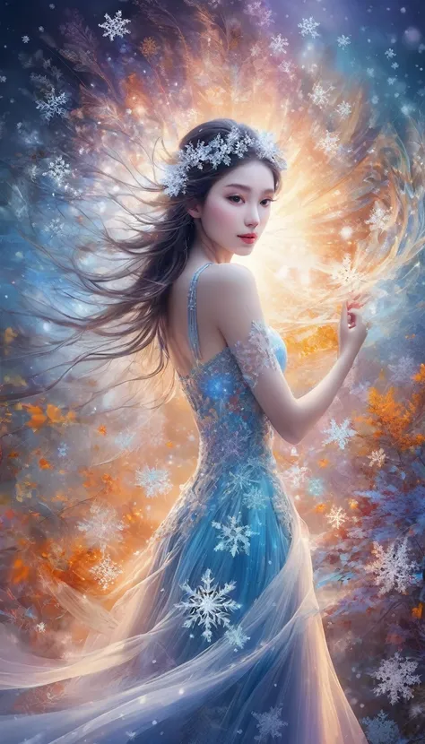 （the masterpiece，top quality，Best quality，official art，Beauty and aesthetics：1.2），1 girl，Portrait with double exposure（Snowflakes are dancing in the air），extremely detailed，（fractal art：1.3），Extremely colorful，The most detailed