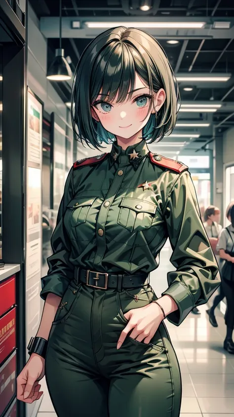 adult women　short hair　expensive　narrow eyes　smile　glare　frivolous attitude　dark green german military uniform　pants that are to...