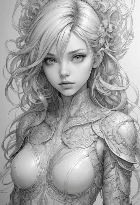 Anime Line Art, View from the front,By Lois Van Baarle, Highest quality, masterpiece, clear,Amazing,so beautiful, Beauty,Perfect composition, Intricate details, Very detailed