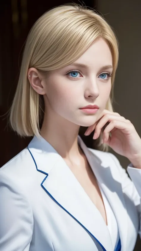 European girl portrait,alone,20-year-old,Beautiful Face,Upper Body,Hair on one eye,Medium Sidecut, Blonde, Sharp focus,White business suit、Blue Eyes