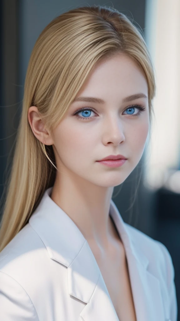 European girl portrait,alone,20-year-old,Beautiful Face,Upper Body,Hair on one eye,Medium Sidecut, Blonde, Sharp focus,White business suit、Blue Eyes、secretary