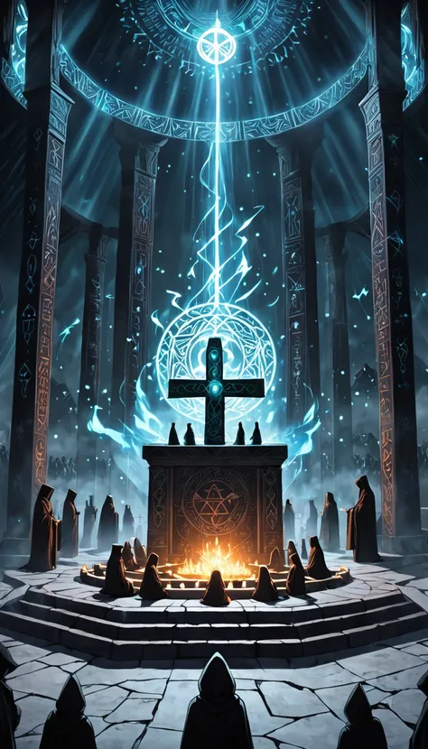 A dark, ancient altar surrounded by hooded figures performing a mystical ritual. Glowing runes and dark spiritual energy fill the air.