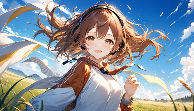 Brown-haired girl wearing headphones、Tales of the Wind - Very detailed、masterpiece, Highest quality, Bright - against a blue sky、A happy look、Casual clothing、My hair is blowing in the wind in the grassland
(Detailed fingers), (Emotional), (Breathtakingly b...