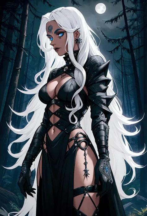 Hole body, clothing, Futuristic drag queen clothing ideas, futuristic goth, tan lattin skin, ultra detailed, long curly white hair, sculpture hair, future goth, future medieval, targaryen, forest, night, full moon