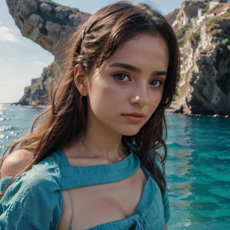 Highly realistic, 8k, Girl in beautiful greek goddess look, sea shore background, 