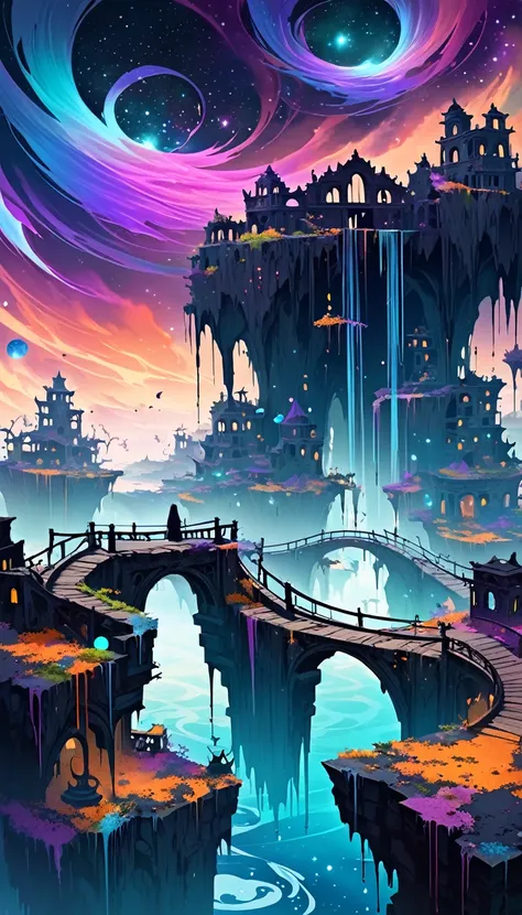 A surreal landscape of dark, swirling colors and ghostly figures floating through space. Ethereal bridges connect floating islands covered in mysterious ruins.