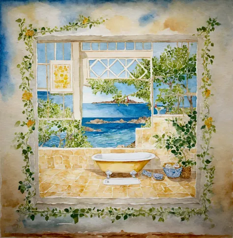 bathtub painting in bathroom with sea view, inspired by Don Reichert, Direction: Kathleen Allen, por Linda Sutton, por Carol Sutton, by Virginia Lee Burton, beautiful artistic rendering, rich details details, detailed matte painting, Judy Boyle intricate, ...