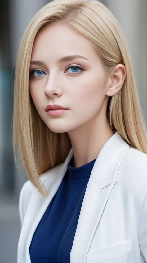 European girl portrait,alone,20-year-old,Beautiful Face,Upper Body,Hair on one eye,Medium Sidecut, Blonde, Sharp focus,White business suit、Blue Eyes、secretary、Take off your suit jacket