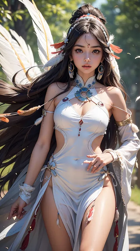 Beautiful Native American princess, Miss,Very small revealing dress made of feathers, magic, Tempting, hot and humid, full length, Miss-body, Hazel eyes, bright, , Overall details. Beautiful blurred background, Perfect face and eyes, Ultra-fine and ultra-m...