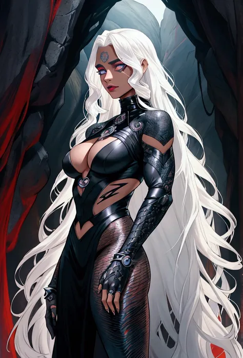 Hole body, clothing, Futuristic drag queen clothing ideas, futuristic goth, tan lattin skin, ultra detailed, long curly white hair, sculpture hair, future goth, future medieval, targaryen, cave, pose