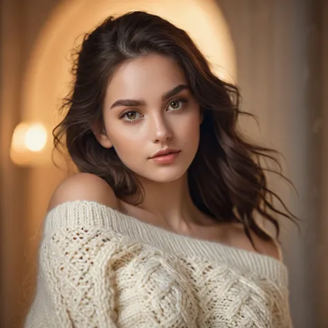 a beautiful brunette girl wearing an off-shoulder sweater in off-white, detailed face and eyes, long eyelashes, serene expression, intricate knitted sweater, soft lighting, warm colors, photograph, highly detailed, cinematic, photorealistic, 8k, masterpiec...