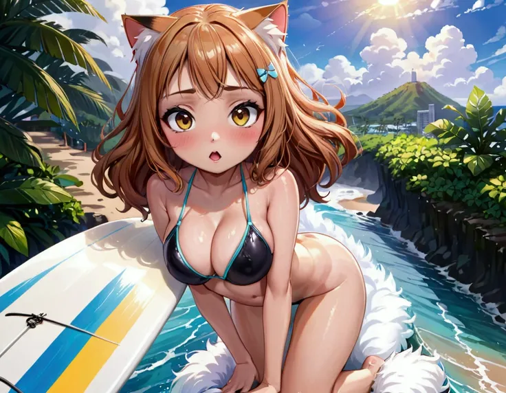 (Xiaorou SeeU, age 20, is an adorable sexy cat woman, big eyes, cute swimsuit, fluffy tail), she is surfing on small waves, super cute, so excited, show her from head to toe, hawaii