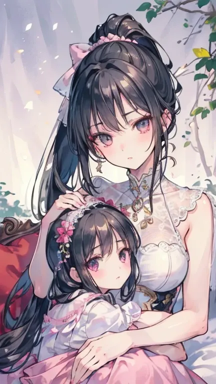 ((best quality)), ((masterpiece)), (detailed), perfect face, beautiful face, best quality, ultra high resnatural light, shiny skin, detailed skin, detailed face, detailed eyes, Two girls looking at each other, a girl with long black hair and a girl with a ...