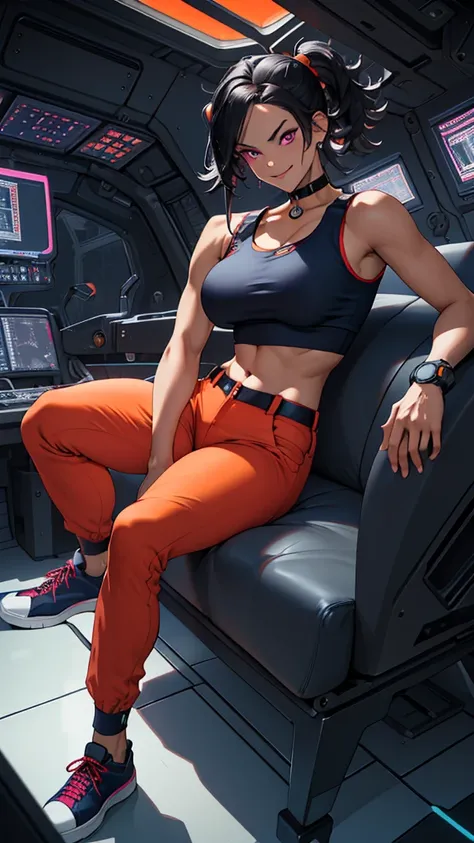 masterpiece, best quality, highres, ((fit waifu:1.3)), plump medium breasts, tan girl, magenta eyes, black hair, (black choker), (orange croptop), (Navy blue pants), (form fitted cyber shoes), resting inside a cybernetic ship cockpit with mischievous smirk...