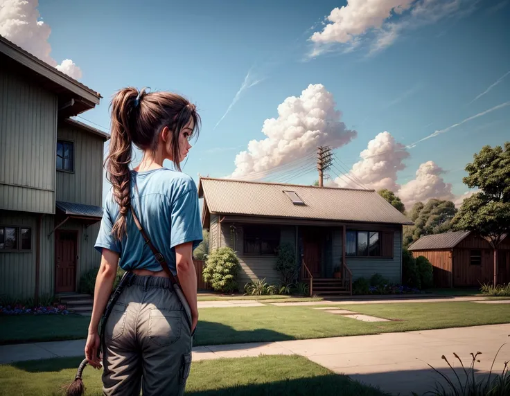 day,shirt,standing,utility pole,sky,scenery,power lines,plant,flower,solo,outdoors,ponytail,from behind,tree,house,blue sky,hose...