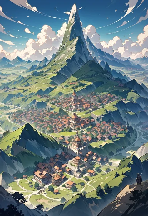 Landscape, top view distant view, surrounded by high mountains, the valley in the center is a flat land, in which there are very large European style ancient cities, densely packed with houses, with people coming and going in the streets, of the best quali...