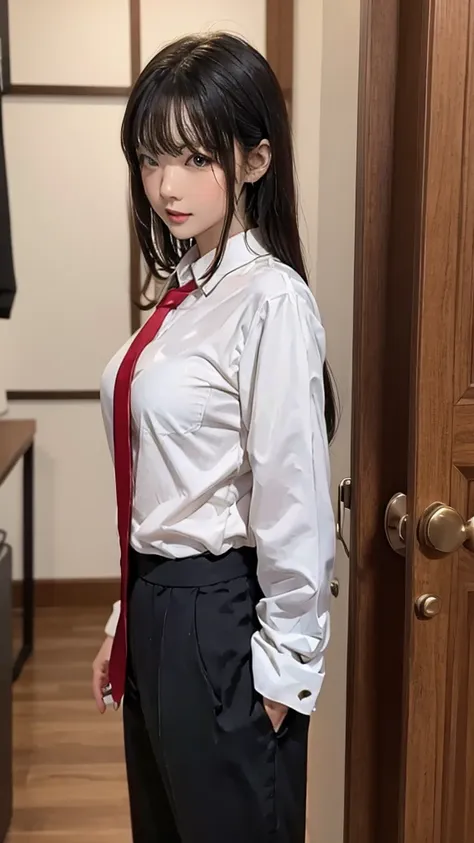 masterpiece, Highest quality, Very detailed, figure, Spectacular lighting, Structure of the film, Isoscale, One girl, alone, cute, Brown eyes, Black Hair, Swept-apart bangs, Single Side Lock, Red Hair Clip, White collared shirt, Black tie, Black trousers, ...