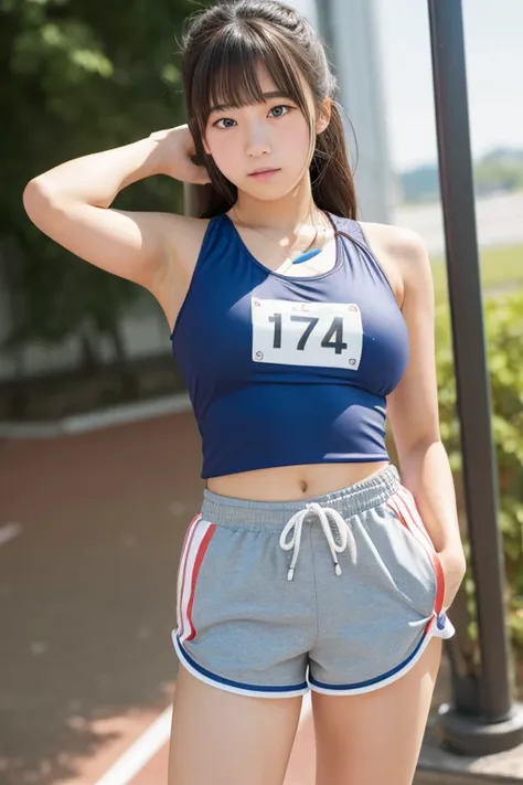 Japanese high school girl, 17 years old, track and field club member, sprinter, tank top and shorts, angle looking up from thighs, large breasts, flushed cheeks、Thigh panty shot
