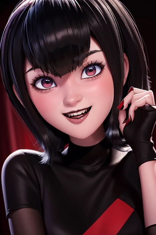 Mavis is a vampire of medium height with a youthful and attractive appearance.. he has pale skin, long black hair, and large, expressive bright red eyes. He usually dresses in a modern and colorful style, often in dresses or outfits that reflect their chee...