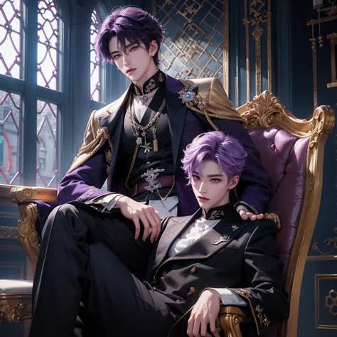 purple hair, there is a man sitting on a snow king throne cross legs in a castle, sakimichan, cai xukun, inspired by Zhang Han, handsome anime pose, sakimichan frank franzzeta, delicate androgynous prince, beautiful androgynous prince, inspired by Yanjun C...