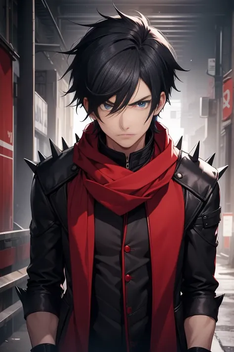 (26 years old), (male), Black hair, (Blue eyes), (Spiky hair, bang), red scarf, red vest, sleeveless, black pants, black gloves, slim, up to legs