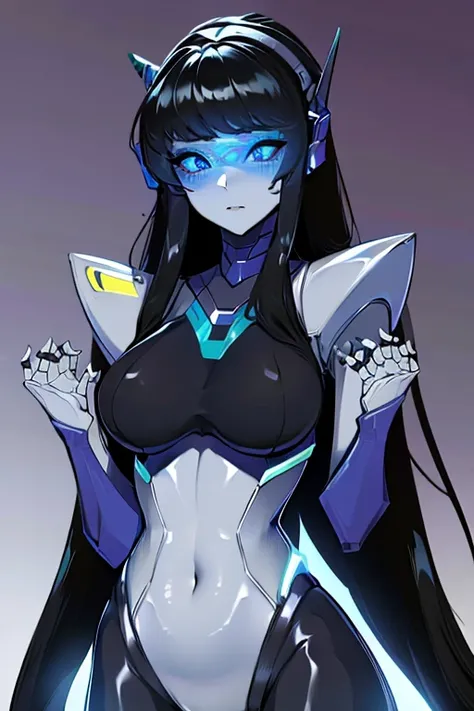 empty eyes,robotization,woman ,big bust,Robot Joint ,Metal skin,Black Suit,long hair,a suit that covers the whole body