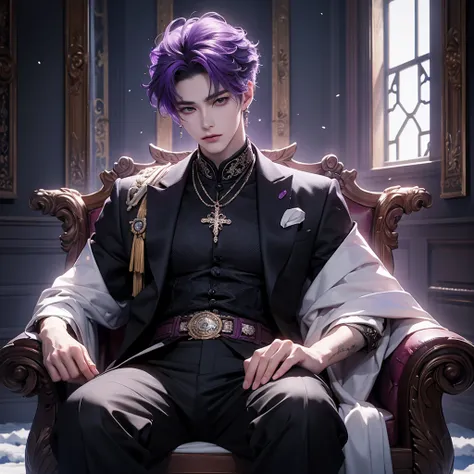 purple hair, there is a man sitting on a snow king throne cross legs in a castle, sakimichan, cai xukun, inspired by Zhang Han, handsome anime pose, sakimichan frank franzzeta, delicate androgynous prince, beautiful androgynous prince, inspired by Yanjun C...