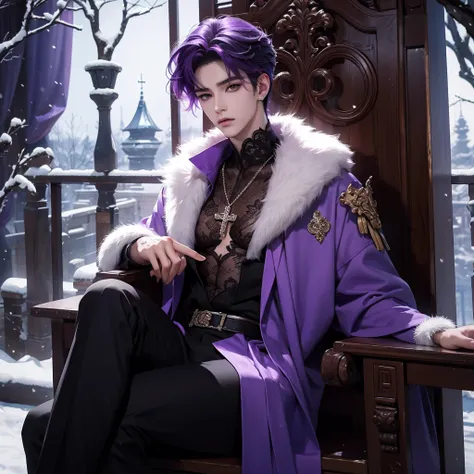 purple hair, there is a man sitting on a snow king throne cross legs in a castle, sakimichan, cai xukun, inspired by Zhang Han, handsome anime pose, sakimichan frank franzzeta, delicate androgynous prince, beautiful androgynous prince, inspired by Yanjun C...