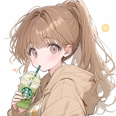 girl, brown hair, ponytail hair, brown and gray eyes, brown hoodie, pastel brown ((heart)) sun glasses, drink powdered green tea...